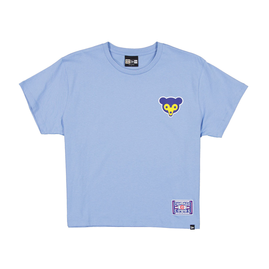 Chicago Cubs 1969 Bear Script 150th Anniversary Patch Women's Tee Light Blue by New Era Shirts New Era