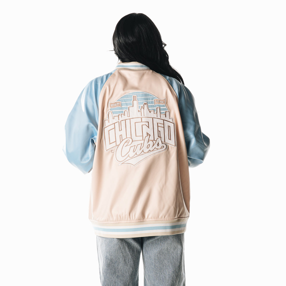 Chicago Cubs 1914 Women's Oversized Satin Bomber Jacket by The Wild Collective Jackets & Outerwear THE WILD COLLECTIVE