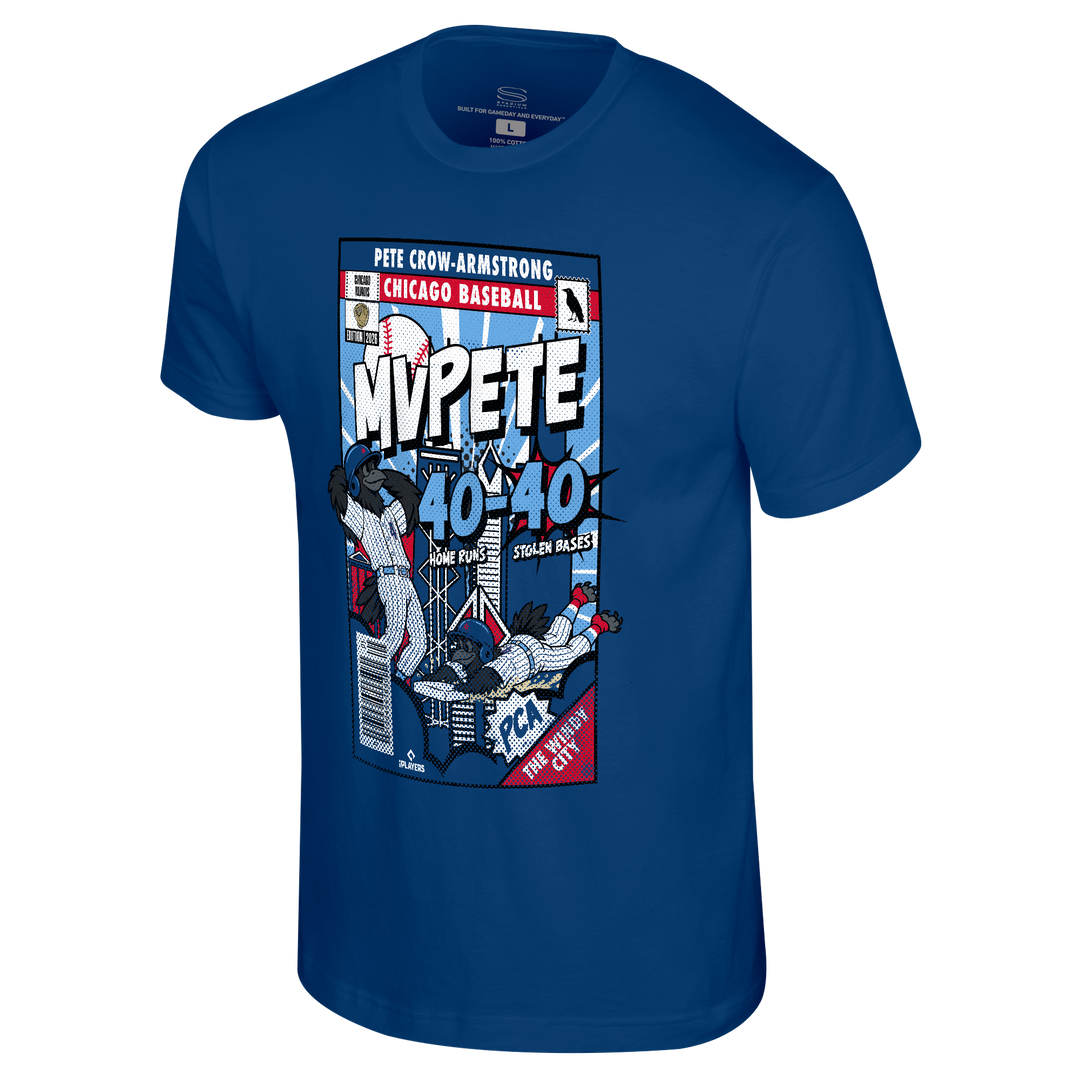 Chicago Cubs Pete Crow-Armstrong 40-40 Comic Royal Blue T-Shirt by Stadium Essentials Shirts Stadium Essentials